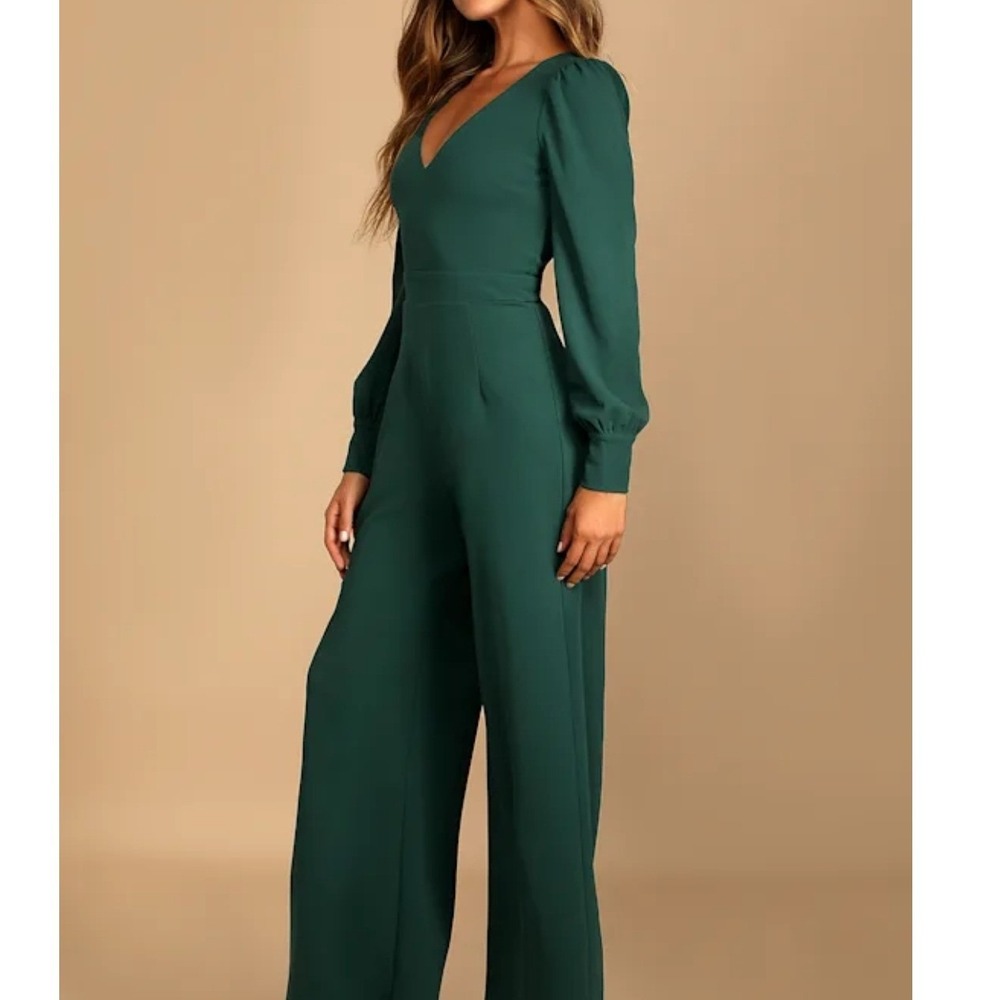 Lulus Celebrating Romance Emerald Green Long Sleeve Wide-Leg Jumpsuit Size Large